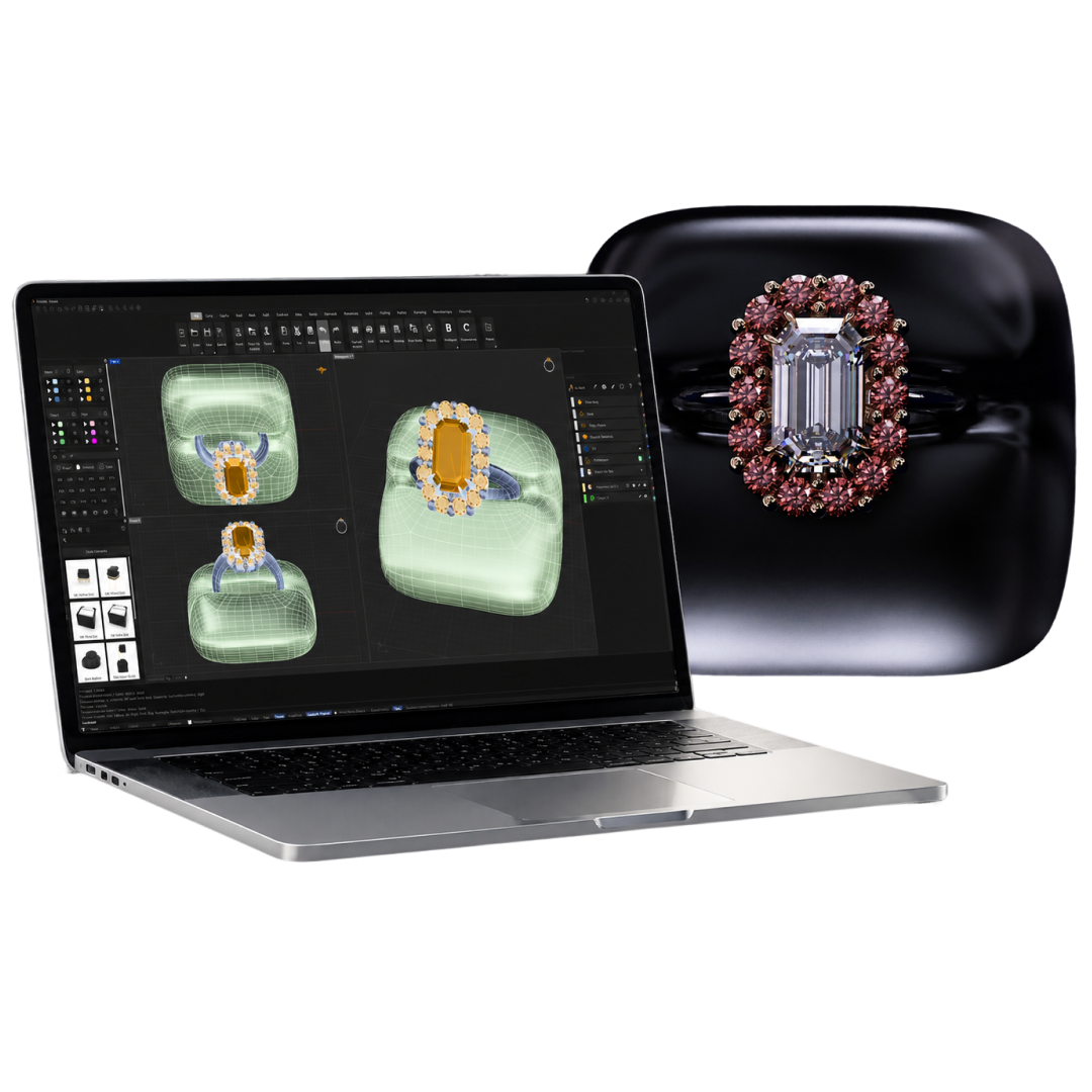 RhinoArtisan Curator library — laptop with the editor next to a finished diamond ring