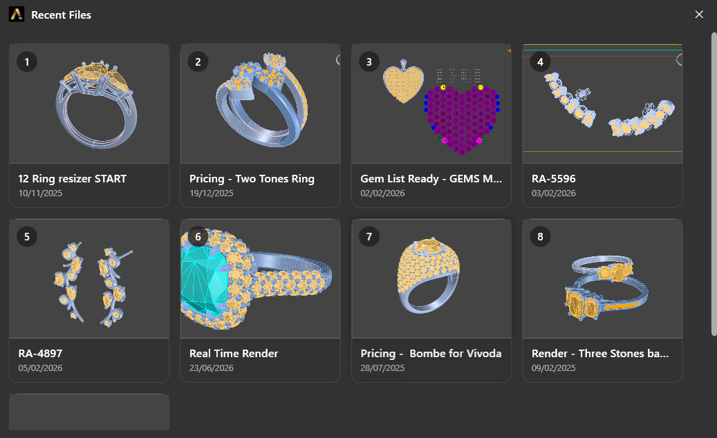 The Recent Files window, showing a grid of numbered thumbnails with each design's name and date