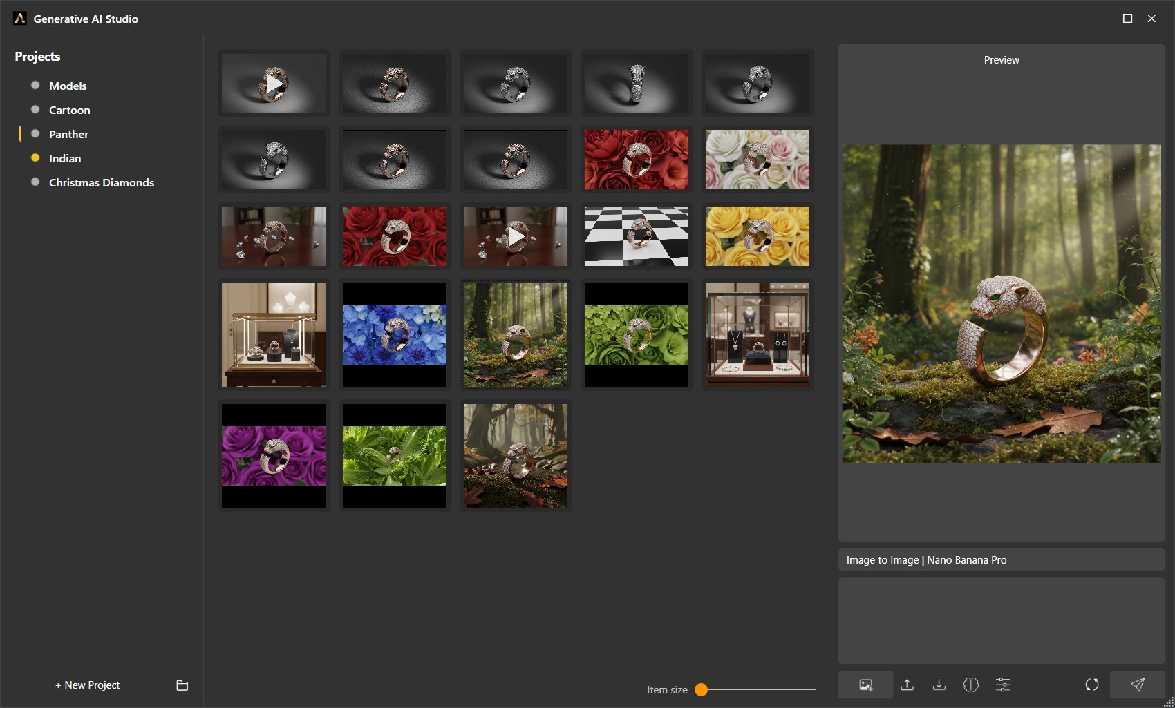 The Generative AI Studio: projects on the left, the gallery in the middle, and a generated panther ring selected in the preview