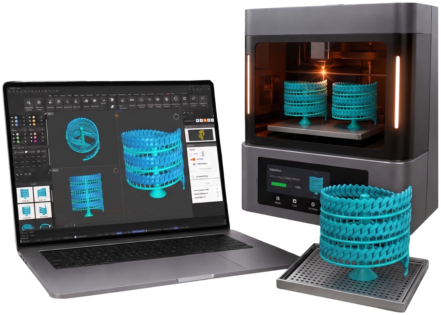 Sprued casting trees laid out in RhinoArtisan on a laptop, printing on a resin printer and lifted off the build plate