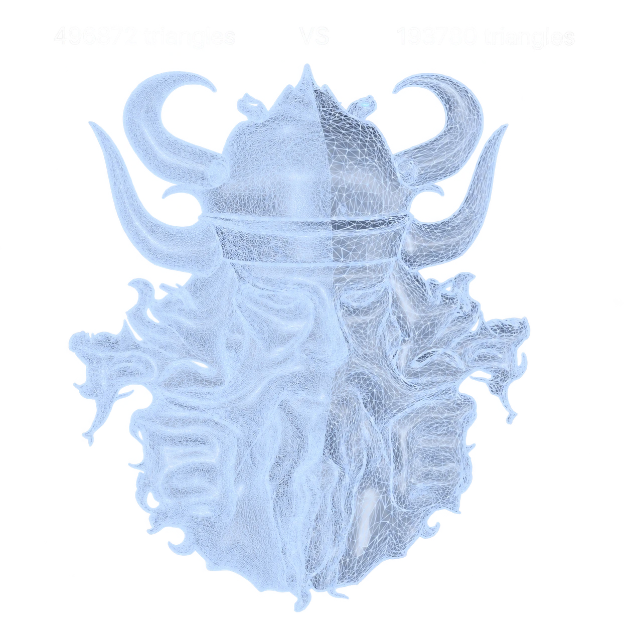 The same organic mesh side by side in RhinoArtisan: 496,872 triangles on the left, 193,780 after decimation on the right